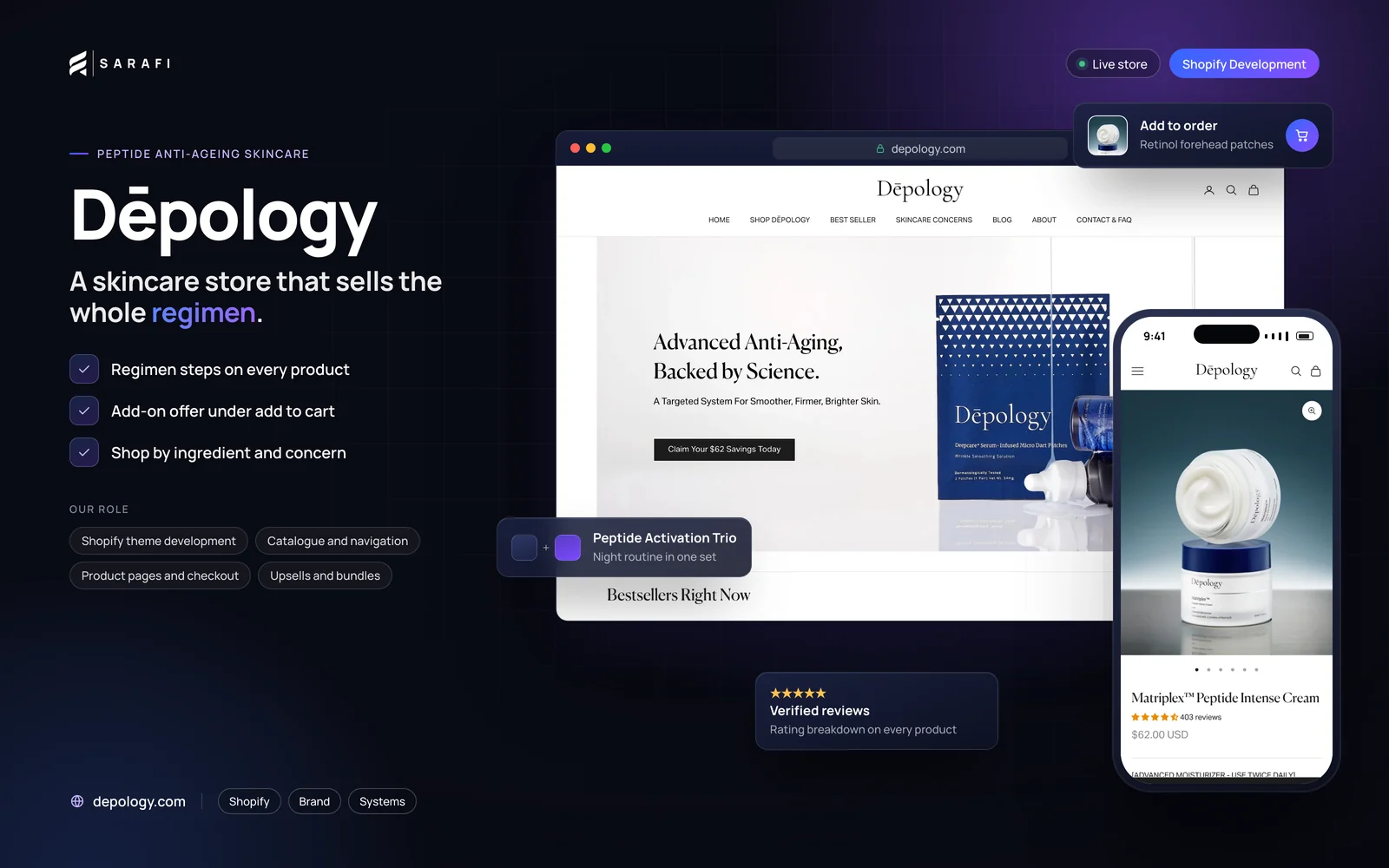Dēpology Shopify store by Sarafi Growth Agency: desktop homepage and mobile product page, highlighting regimen steps on every product, add-on offer under add to cart and shop by ingredient and concern.