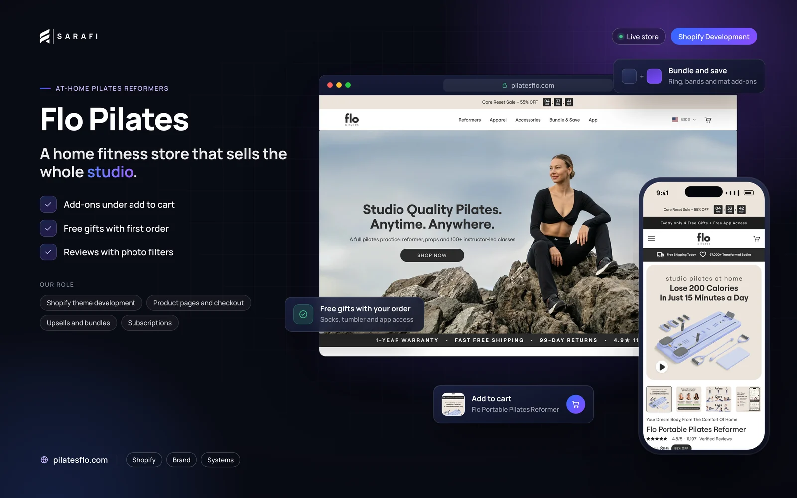 Flo Pilates Shopify store by Sarafi Growth Agency: desktop homepage and mobile product page, highlighting add-ons under add to cart, free gifts with first order and reviews with photo filters.
