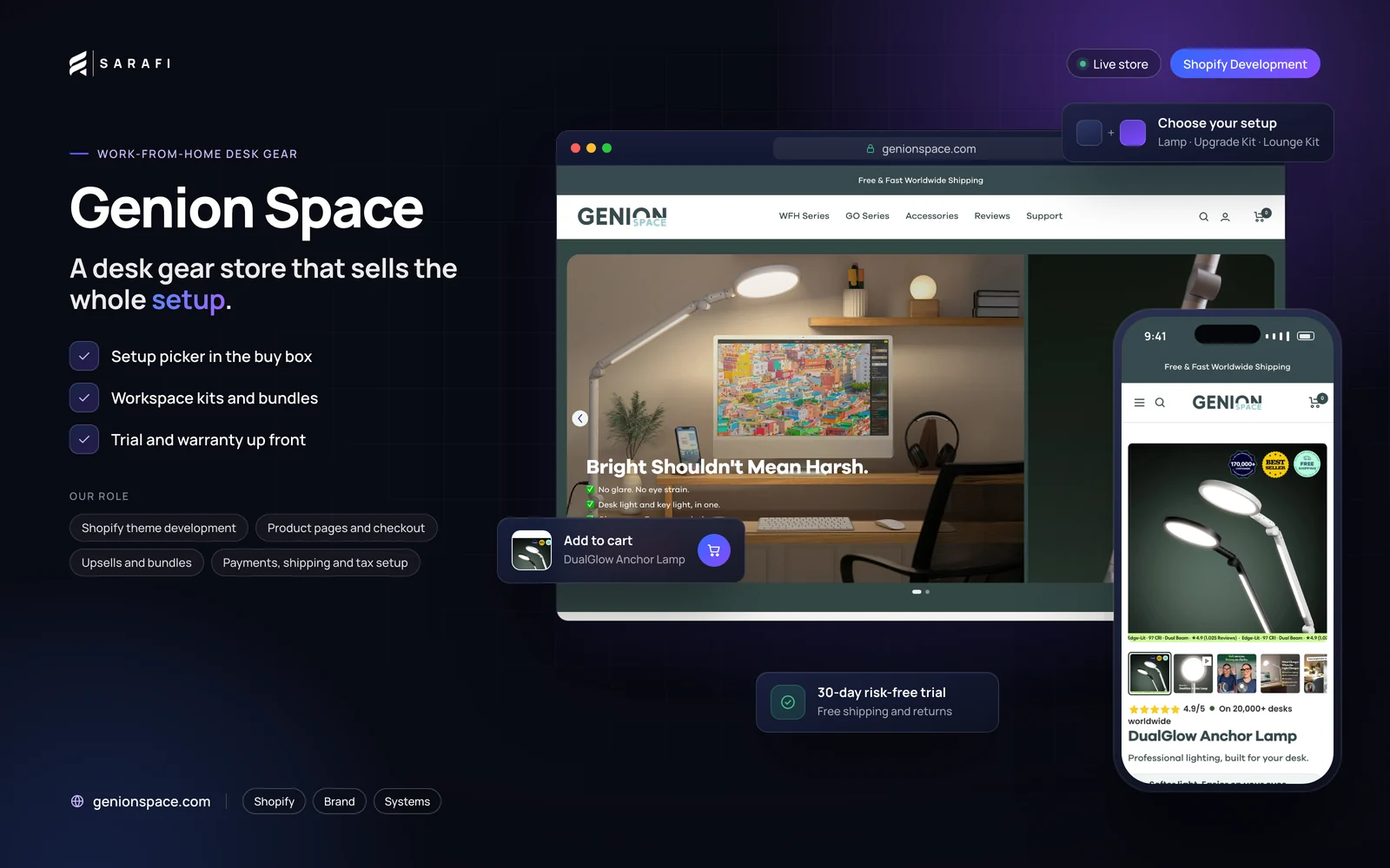Genion Space Shopify store by Sarafi Growth Agency: desktop homepage and mobile product page, highlighting setup picker in the buy box, workspace kits and bundles and trial and warranty up front.
