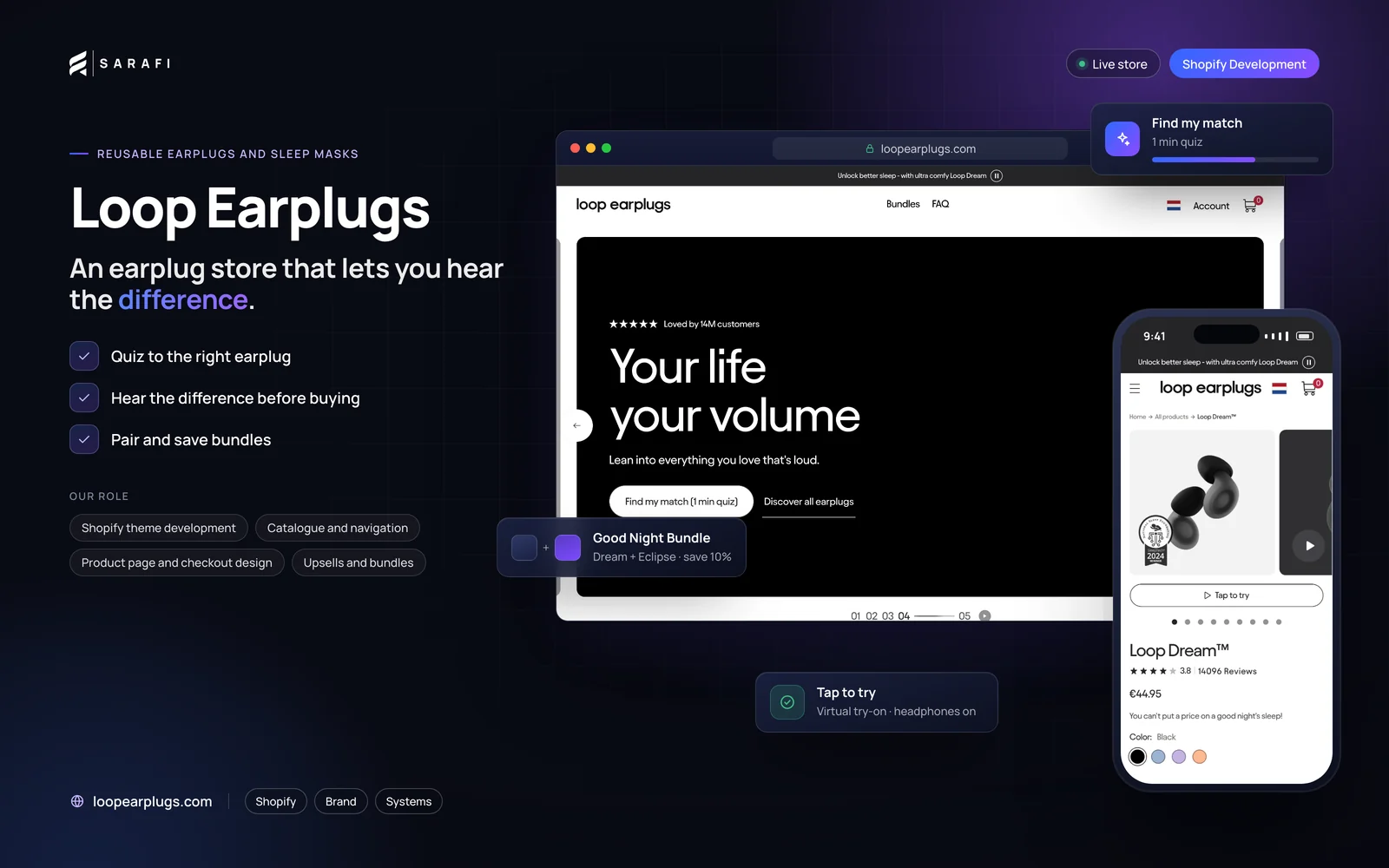 Loop Earplugs Shopify store by Sarafi Growth Agency: desktop homepage and mobile product page, highlighting quiz to the right earplug, hear the difference before buying and pair and save bundles.
