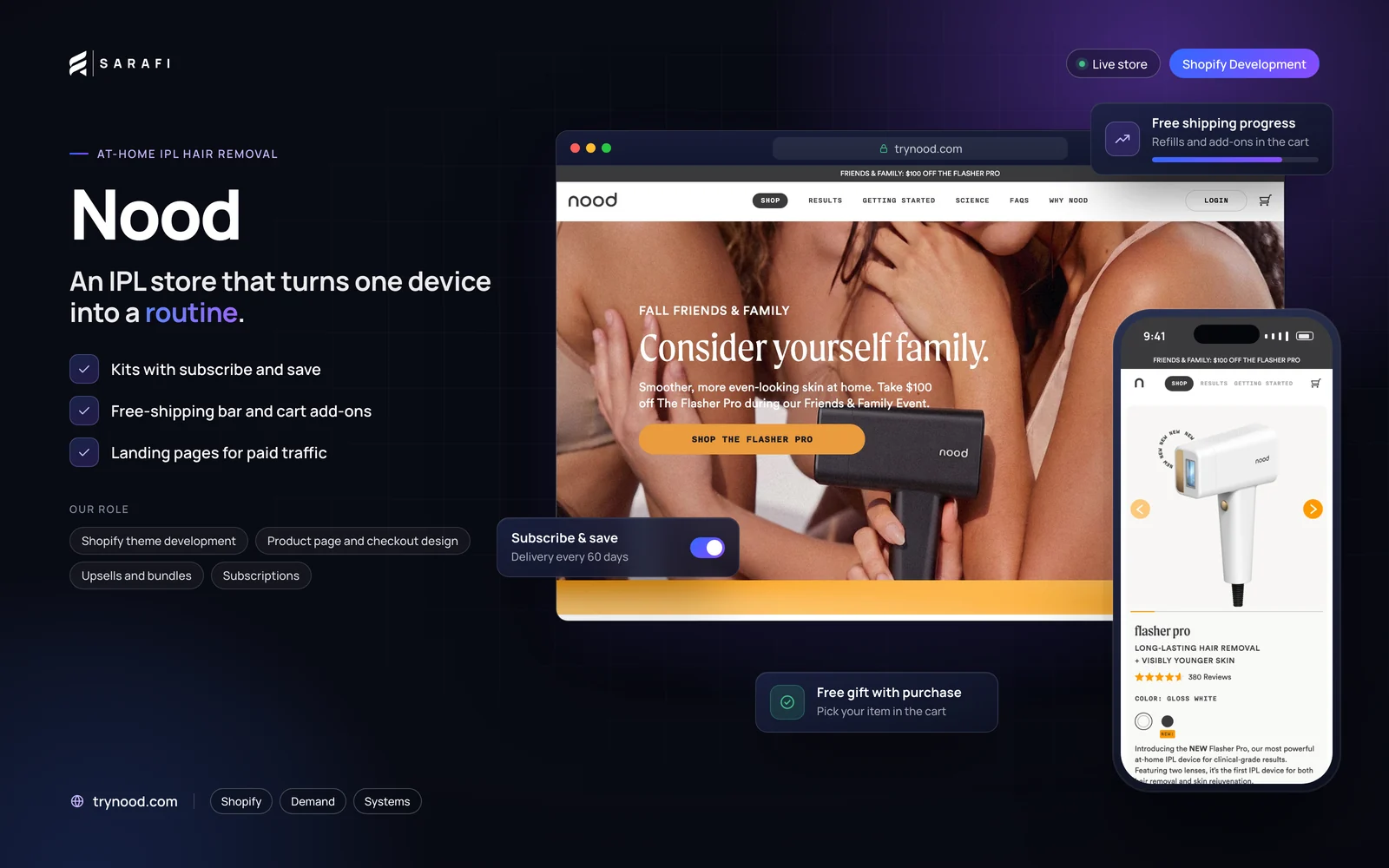 Nood Shopify store by Sarafi Growth Agency: desktop homepage and mobile product page, highlighting kits with subscribe and save, free-shipping bar and cart add-ons and landing pages for paid traffic.