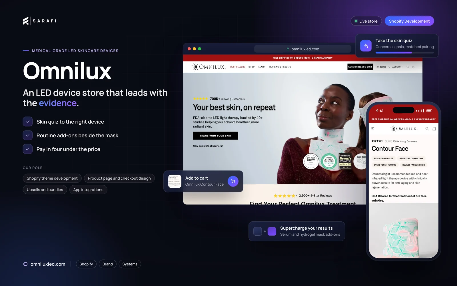 Omnilux Shopify store by Sarafi Growth Agency: desktop homepage and mobile product page, highlighting skin quiz to the right device, routine add-ons beside the mask and pay in four under the price.