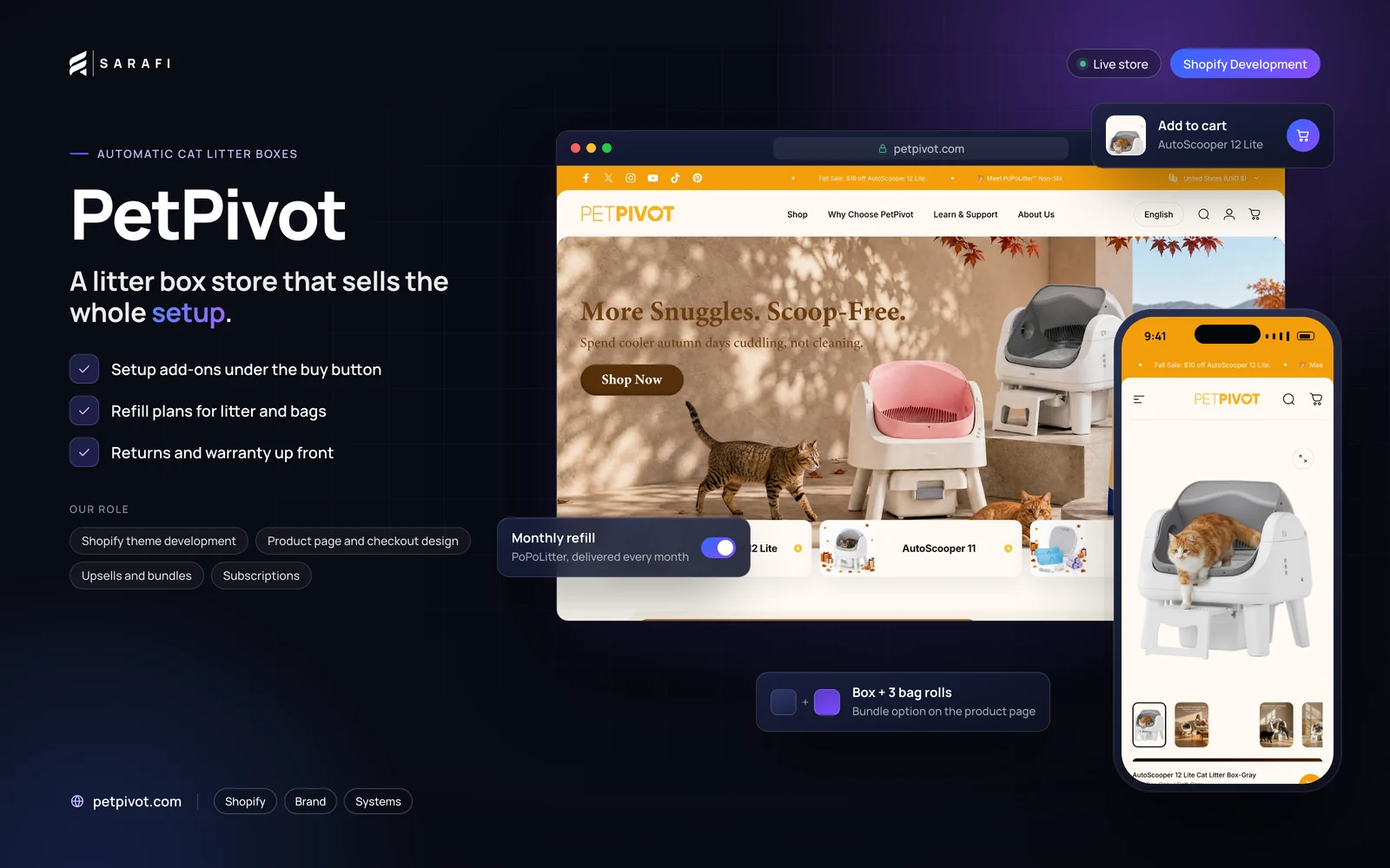 PetPivot Shopify store by Sarafi Growth Agency: desktop homepage and mobile product page, highlighting setup add-ons under the buy button, refill plans for litter and bags and returns and warranty up front.