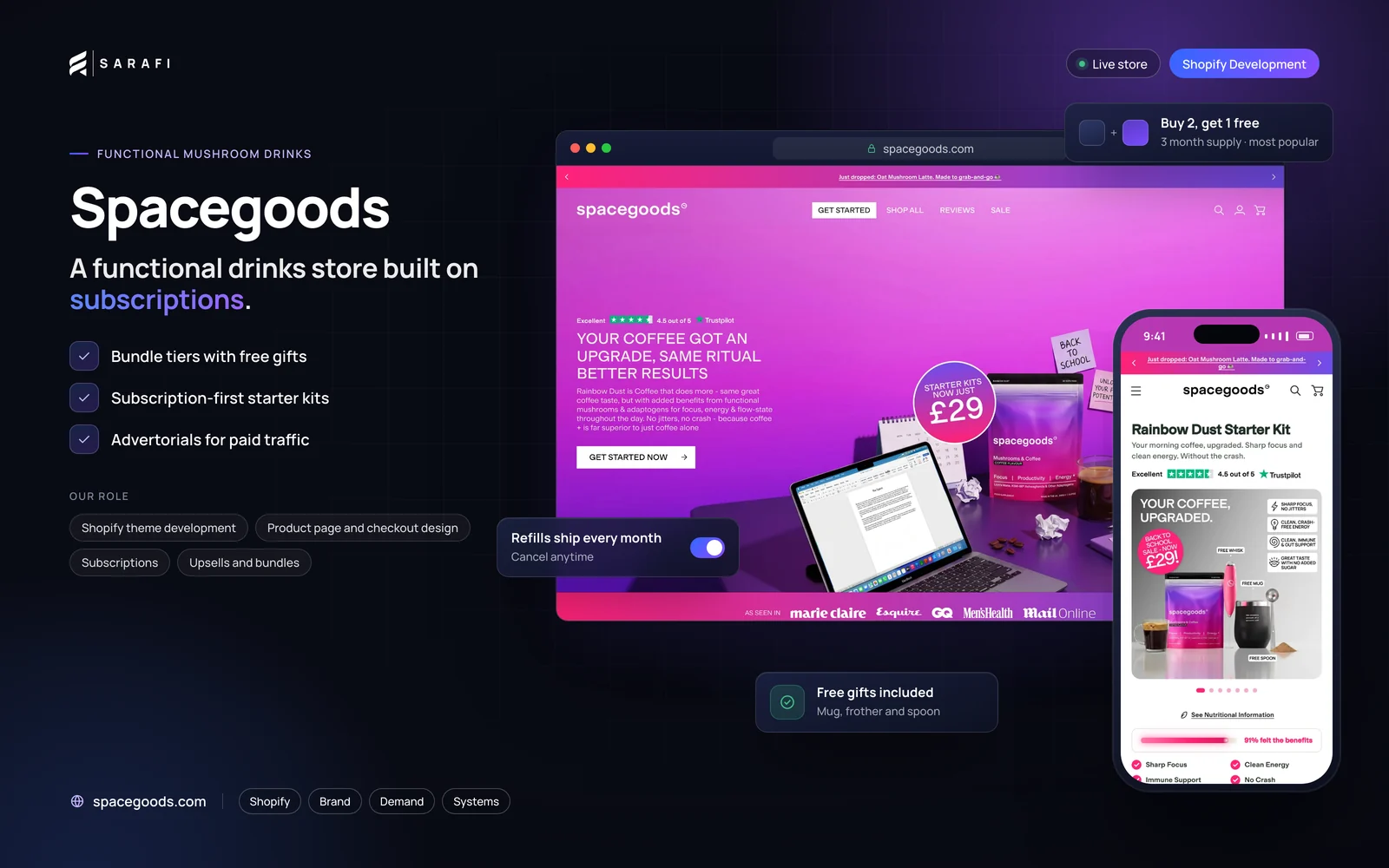Spacegoods Shopify store by Sarafi Growth Agency: desktop homepage and mobile product page, highlighting bundle tiers with free gifts, subscription-first starter kits and advertorials for paid traffic.