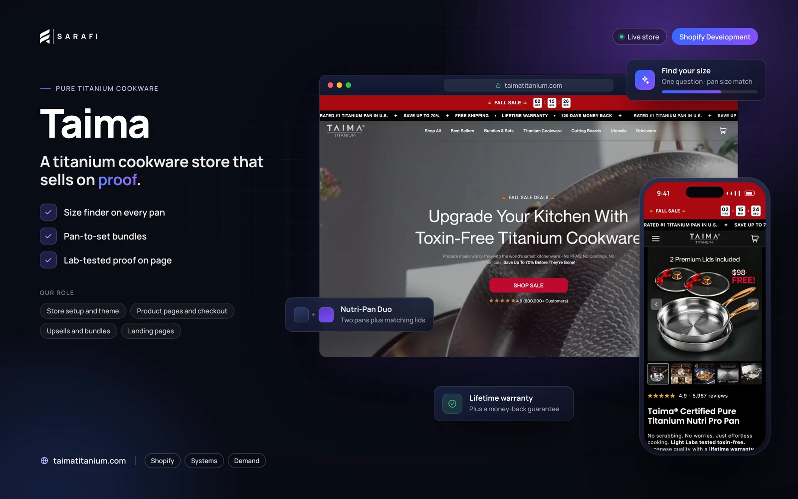 Taima Shopify store by Sarafi Growth Agency: desktop homepage and mobile product page, highlighting size finder on every pan, pan-to-set bundles and lab-tested proof on page.