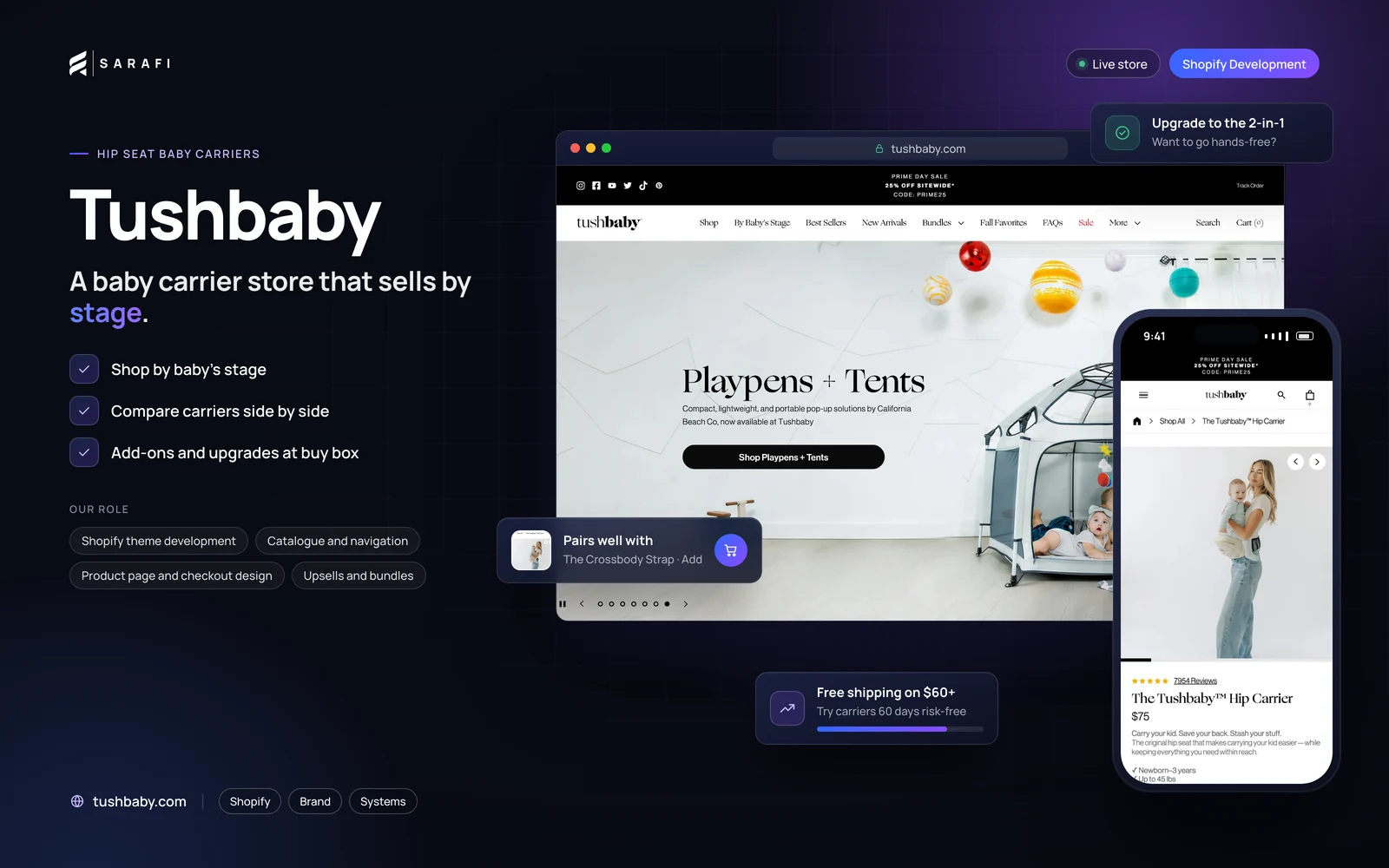 Tushbaby Shopify store by Sarafi Growth Agency: desktop homepage and mobile product page, highlighting shop by baby's stage, compare carriers side by side and add-ons and upgrades at buy box.