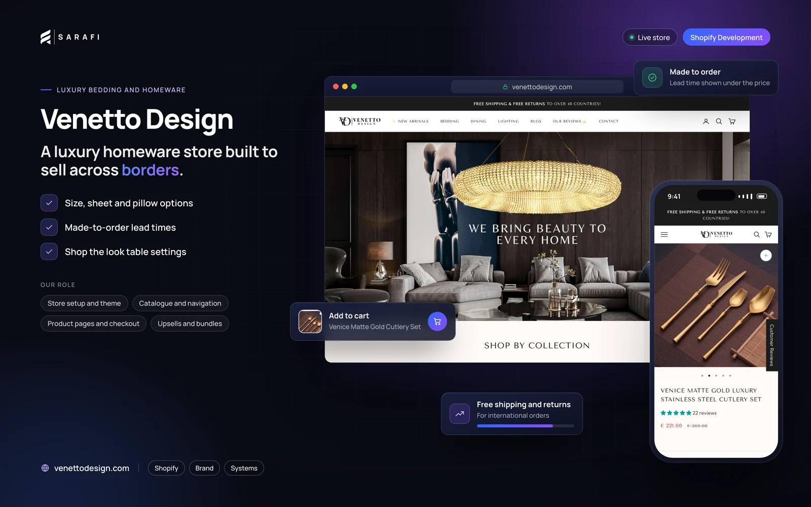 Venetto Design Shopify store by Sarafi Growth Agency: desktop homepage and mobile product page, highlighting size, sheet and pillow options, made-to-order lead times and shop the look table settings.